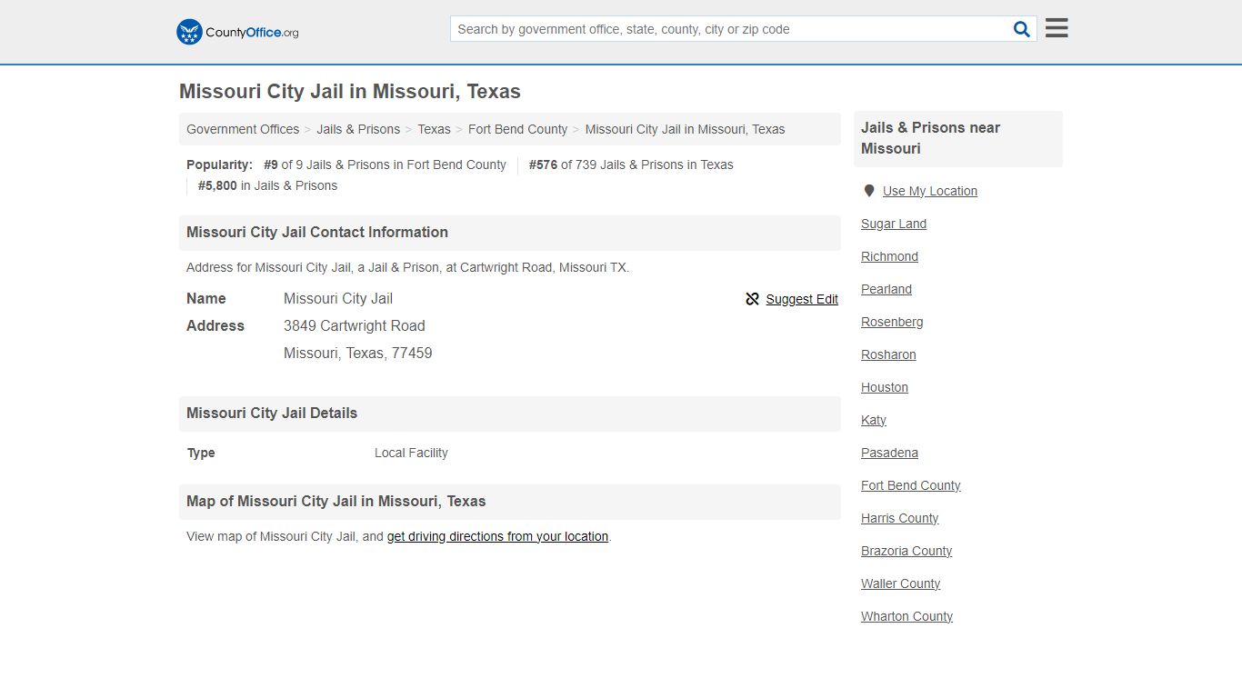 Missouri City Jail - Missouri, TX (Address) - countyoffice.org